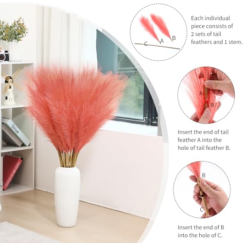 Wertuirk 9 Stems Orange Pampas Grass - 38 Inch Tall Faux Pompous Grass Decor, Large Artificial Pompas Floral for Vase Filler, Wedding, Party and Fall Home Decor (Orange) - color: Orange