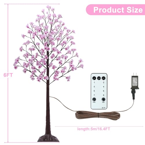 6FT Lighted Cherry Blossom Tree - Faux Artificial Light Up Pink Tree with 112 Lights, 336 Lush Flowers, Timer, Remote 8 Modes Cherry Blossom Tree for Spring Wedding Valentines Indoor Outdoor Decor - size: 6ft