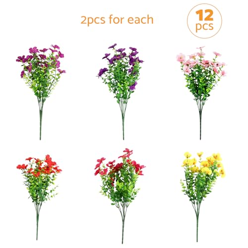 12PCS Artificial Flowers Daisy with Eucalyptus Leaves,6 Colors,Waterproof Fade-Resistant Bendable Stems,Faux Flowers for Home Decor Outdoor Summer Decor Wedding Party Office Garden Vase - size: 12PCS 6 Color Daisy