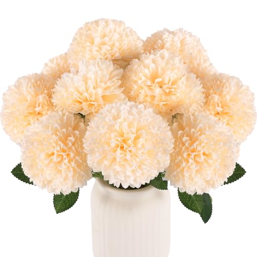 Hananona 12 Pcs Artificial Chrysanthemums Flowers Ball Flowers, Fake Mums Silk Plants for Home Decor Indoor Floral Arrangement Table Centerpiece (12, Champagne) - color: Champagne