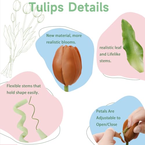 15 Pcs Coffee Artificial Tulips Fake Flowers, Premium Latex Lifelike Texture, UV Resistant Waterproof Faux Tulip Bouquets with Snap-on Petals for Outdoor, Home, Wedding Decor - color: Coffee