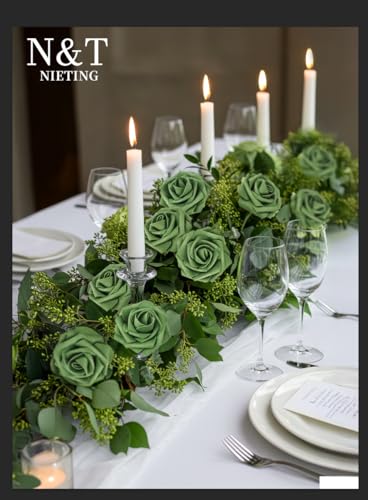 N&T NIETING Artificial Flowers,25pcs Real Touch Fake Flowers Rose with Stems Foam Flowers for DIY Cake Decoration Wedding Party Home Tables Decoration, Army Green - color: Army Green, size: 25pcs