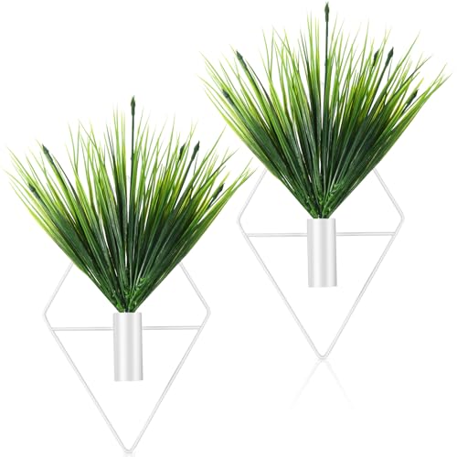 Canlierr 2 Pieces White Wall Decor Hanging Planters with Artificial Plants Metal Hanging Vase Indoor Plants Holder Modern Geometric Wall Art for Bathroom Bedroom Living Room Decor(Aquatic Plant) - color: White, size: Aquatic Plant