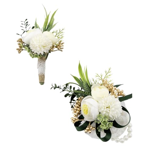 Ansofi Ivory White Corsage and Boutonniere Set Artificial Rose Flower Wrist Corsage and Boutineers for Groom Groomsmen Bride Bridesmaids Prom Rustic Vintage Wedding Decor - color: Ivory White