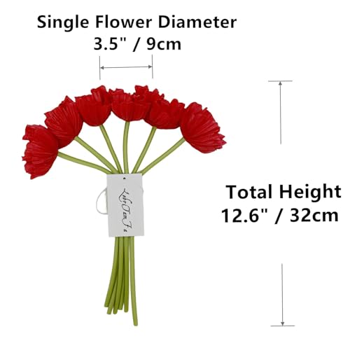 Artificial Poppy Flowers Bouquet High Quaulity Fresh Luxury Vintage PU Faux Silk Flowers - Large Real Touch Blooms for Wedding Birthday Home Decor Table Centerpiece Vase (6, Red) - color: Red