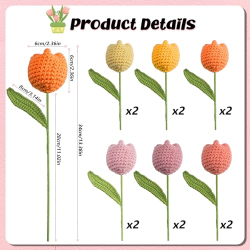 12Pcs Handmade Crochet Tulip Bouquet, Completed Knitted Yarn Artificial Tulips, Charming Knitted Flower Bouquet for Valentine's Day Mother's Day Birthday Anniversary