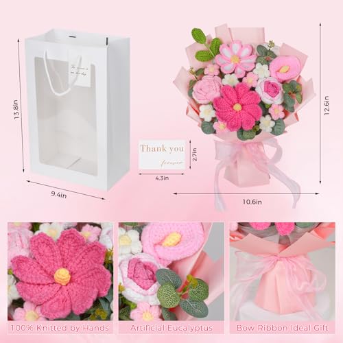 RICHMYC Crochet Flower Bouquet, 10.6 in Pink Handmade Crochet Bouquet Knitted Flowers Roses Tulip Flower, Mother’s Day Personalized Gifts for Birthday Anniversary Mom Women Wife Lover