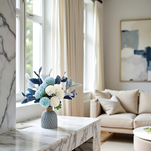 LADADA Blue Artificial Flower Bouquet in Ceramic Vase | Faux Blue White Bouquet,Faux Ball Mum Silk Flowers Arrangement for Home Table Centerpiece Farmhouse Living Room Wedding Decor - color: Blue