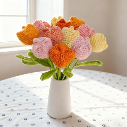 12Pcs Handmade Crochet Tulip Bouquet, Completed Knitted Yarn Artificial Tulips, Charming Knitted Flower Bouquet for Valentine's Day Mother's Day Birthday Anniversary