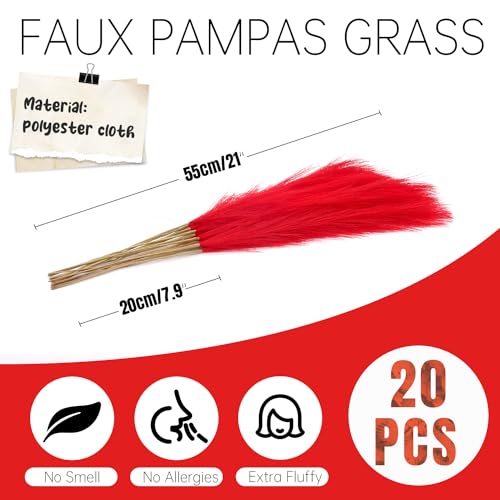 Faux Pampas Grass Decor ， 21.7 Inch Artificial Pampas Grass Red Reed Grass, Vase Filler for Home Decor, Room, Bathroom, Wedding, Table Centerpiece - 20PCS - color: Red