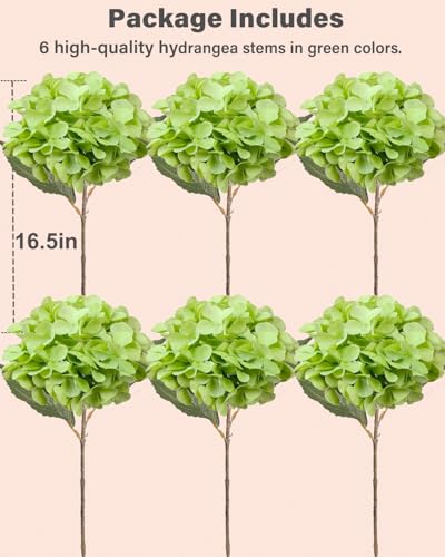 6PCS Premium Green Hydrangea Artificial Flowers Bouquets, Silk Hydrangea Flowers Heads with Stems, Fake Hydrangeas Flowers Arrangement, Faux Hydrangea Decor for Home Wedding Party Table Centerpieces - color: Green & Light Green