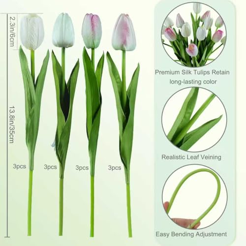 12pcs Tulips Artificial Flowers Real Touch Silk Faux Flowers Tulip Stems for Wedding Spring Bouquet Floral Arrangement Home Party Office Decorations (White & Pink) - color: White & Pink