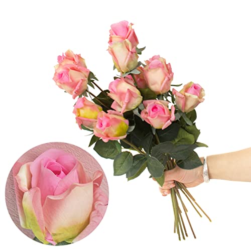 12pcs Half Opened Artificial Rose Buds,17 Inch Real Touch Silk Roses with Partially Opened Flowers, Artificial Flower for Home Décor Centerpiece Wedding Bouquet,Pink - color: Pink