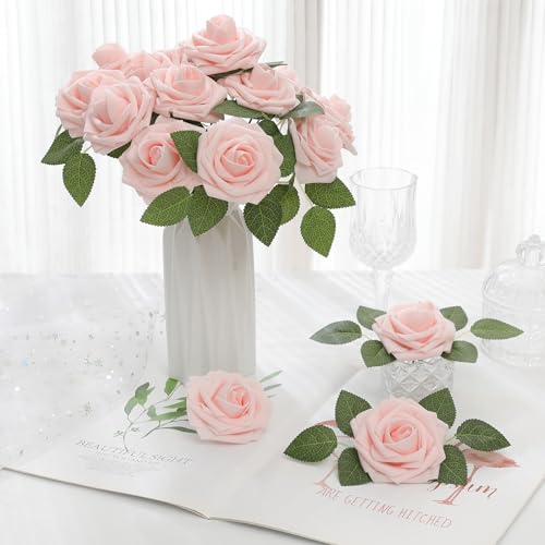 DerBlue 60pcs Artificial Roses Flowers Real Looking Fake Roses Artificial Foam Roses Decoration DIY for Wedding,Arrangements Party Home Decorations - color: Blush Pink