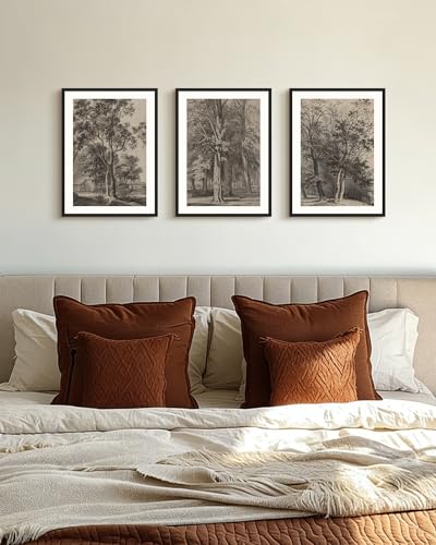 PHOPAGO Vintage Tree Framed Wall Art Retro Forest Wall Decor Nature Wilderness Sketch Paints Modern Bedroom Living Room Decor - 11x14in Black Framed - color: Brown Tree, size: 14L" x 11W" x 3 Pcs Black