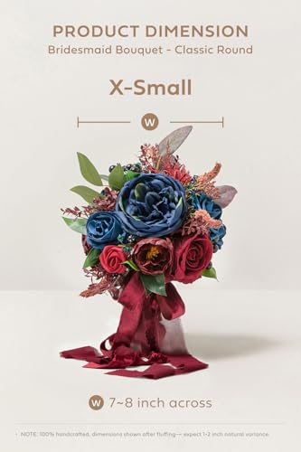 Ling's moment Burgundy Artificial Wedding Flower Bouquets for Bridesmaids Navy Blue Floral Bouquet Bridesmaids Bouquets with Ribbon Ceremony Anniversary,7-inch Diameter - color: Blu-navy Blue & Burgundy Red