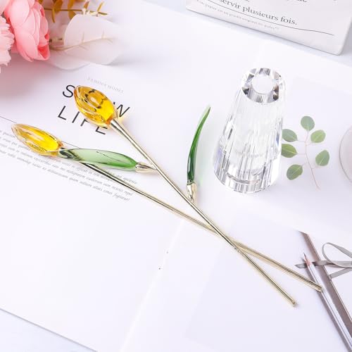 LONGWIN Crystal Tulips Flower Figurine Collectible with Vase Glass Spring Bouquet Flowers with Stem Home Decor Gift for Women Mom - color: Long - Gold