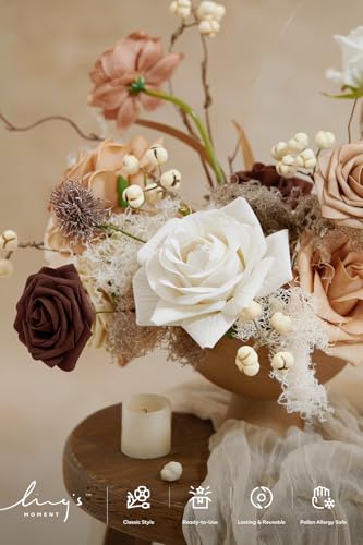 Ling's moment Fake Flowers Box, Faux Artificial Greenery Stems Foam Roses Gardenia Silk Willow Fabic Flower for Centerpieces Bouquet Wedding Vase Decorations, Sand Beige & Walnut Brown, Deluxe Combo - color: Beg-sand Beige & Walnut Brown, size: Deluxe