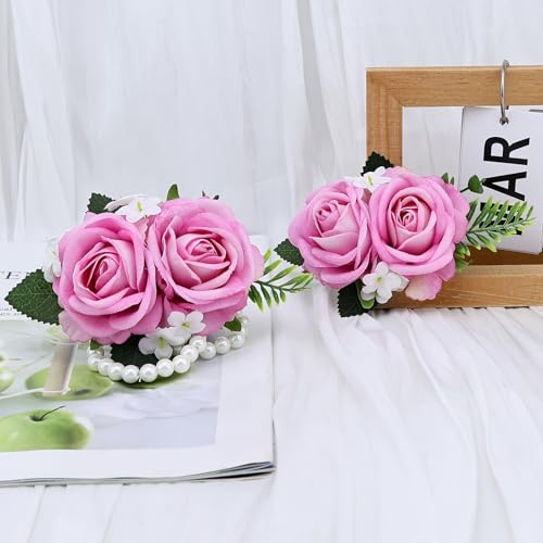 2PCS Pink Rose Wrist Corsage Wristlet Band and Men Boutonniere Set, for Wedding Anniversary Ceremony Artificial Flowers Accessories Prom Party Suit Decorations - color: Pink