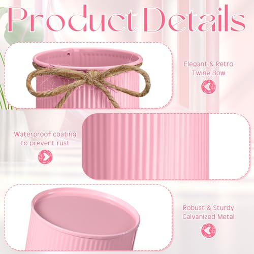 Rustic Vase for Table Centerpieces 4.33 Inch Small Petite Flower Vase with Twine Bow Vintage Farmhouse Decor for Wedding Reception Dining, Home Galvanized Metal Buckets(Pink,12 Pcs) - color: Pink