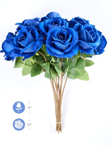 PONKING 3.5"(9cm) Rose Artificial Flower 12pcs Realistic Faux Silk Roses Fake Flowers Bouquets Arrangements Decor for Wedding Mother's Day, Home Table Christmas Valentine Decorations, Blue Flower - color: D 12pcs Blue Rose