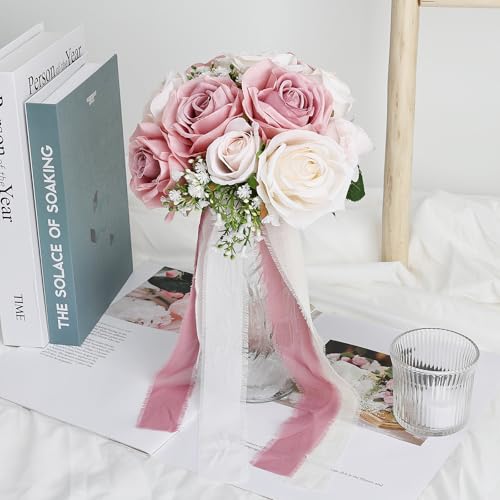 Wedding Bouquet for Bride - Premade Simple Artificial Roses Flowers for Bridal Shower Destination Ceremony Anniversary Decorations - Dusty Pink & White - color: Dusty Pink & White