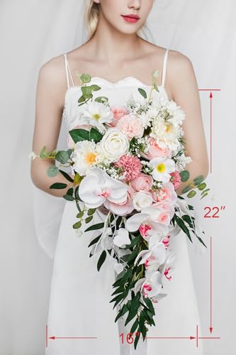 Lisuun Wedding Bouquets for Bride, 16 Inches Wedding Flower Bouquet, Silk Round Bridal Bouquet for Wedding, Ceremony, Anniversary - color: White&pink