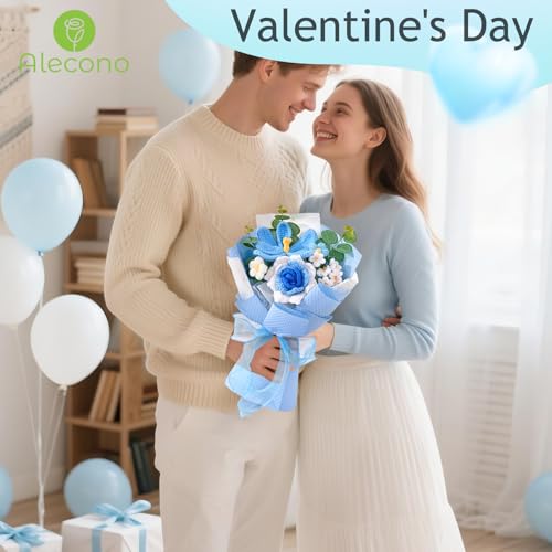 Alecono Crochet Flower Bouquet, Knitted Flowers, Blue Handmade Bouquet of Flowers for Lover Anniversary Birthday Party Mother's Day Graduation Gifts (Include Card) - color: Blue