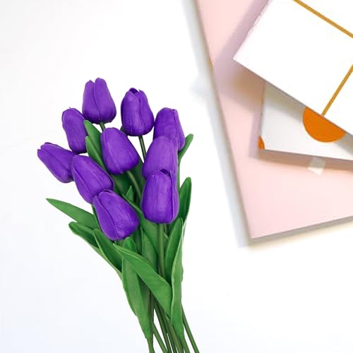 10 Pcs Faux Tulips Artificial Flowers with Stems, 13 Inch Artificial Tulips Flower Realistic for Wedding Bouquet, Table Centerpiece, Birthday Party (Purple) - color: Purple