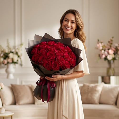 50 Pcs Red Artificial Roses, Real Touch Velvet Fake Flowers with Long Stems Bulk for DIY Bridal Bouquet, Wedding Centerpieces, Valentine's Day, Home Party Decor