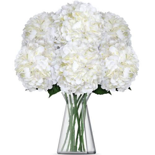 8pcs Hydrangea Artificial Flowers White Silk Fake Flower Bouquets Faux Hydrangea with Stems for Home Table Centerpieces Wedding Party Decoration (White, 8 PCS) - color: White