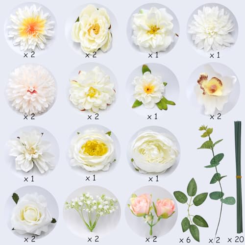 Artificial Flowers Bouquets Box Set, Artificial Rose for DIY Bridal Wedding Decorations Fake Roses Floral Arrangement for Table Centerpieces Baby Shower Home Decorations (White)