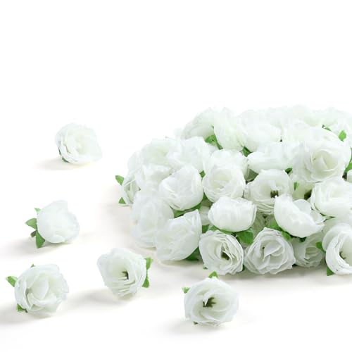 SITUMEIZI 100 Pcs 1.3 inches Mini Rose Head White Artificial Roses Fake Silk Flower Ivory White for Wedding Decor, Graduation Cap, Cake, DIY Flower Wall Mother's Day Home Party Decor - color: Ivory-white