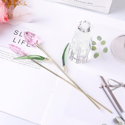 LONGWIN Crystal Tulips Flower Figurine Collectible with Vase Glass Spring Bouquet Flowers with Stem Home Decor Gift for Women Mom - color: Long - Pink