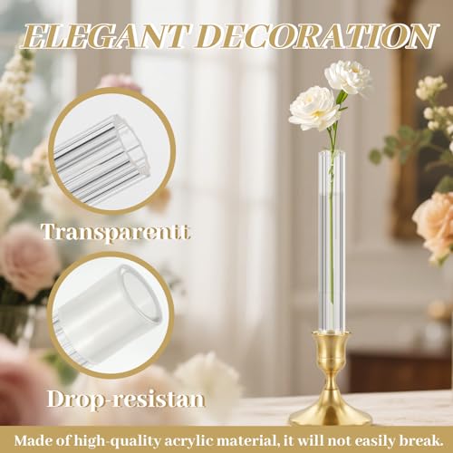 6 Pack 7.9” Acrylic Bud Vase — Striped Cylinder Bud Vase for Taper Candlesticks, Flower Vase with Silicon Rubber Case Fits Candlestick Size 20-22mm, Perfect for Tablescapes, Weddings & Home Decor - size: 6 PC Striped