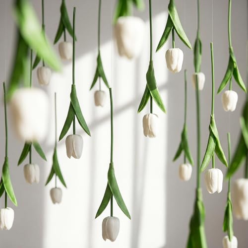 12 Pack White 5 ft Artificial Tulips Hanging Flower Garland Decorations Spring Summer Dangling Faux Tulip Floral Vine Strings with Hooks for Wall Ceiling Wedding Tea Party - color: White