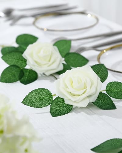 DuHouse 50Pcs Artificial Roses Flowers Fake Roses with Stems Real Touch Foam Flowers for DIY Wedding Bouquet Party Centerpiece Floral Arrangement Party Home Decor(Ivory White) - color: Ivory White, size: 50pcs
