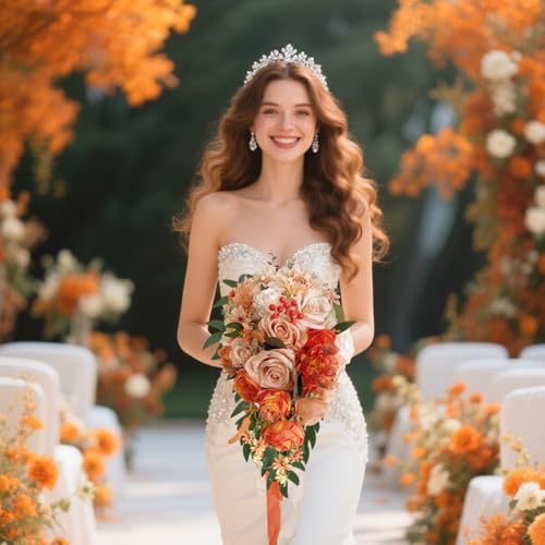 Burnt Orange Cascading Bouquets for Bride Artificial Fall Silk Flower Terracotta Rose Wedding Bridal Bouquet Sunset Beige Boho Rustic Ceremony Anniversary Decor Toss Bouquet - color: Burnt Orange, Terracotta