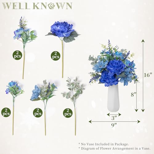 WELL KNOWN Artificial Flowers Bouquet, Blue Fake Flowers for Vase, Silk Faux Flowers DIY Spring Table Centerpieces for Wedding, Dining Room, Kitchen, Office, Farmhouse, Mom's Decor & Gift (Royal Blue) - color: Royal Blue