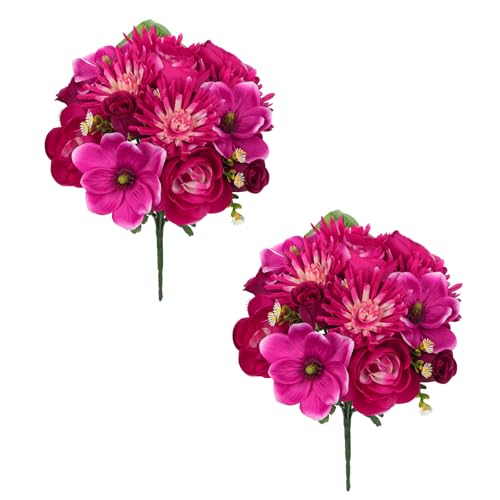 Briful Artificial Flowers Bouquet - 2 Pack Hot Pink Faux Silk Floral Arrangement Fake Magnolia Chrysanthemum Rose Mixed Flower for Home Office Room Vase Memorial Cemetery Outdoor Decor - color: Hot Pink
