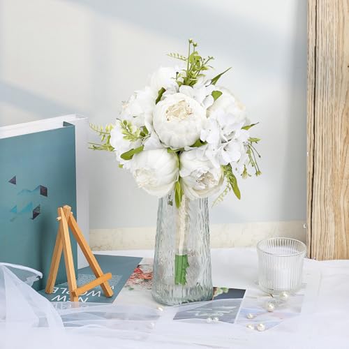 White Bridesmaid Bouquet for Wedding, an Artificial Silk Peonies Flowers Bouquet for Marriage Decorations - color: White