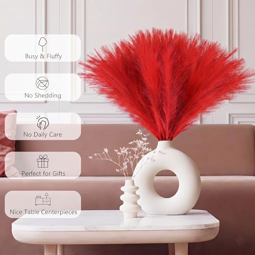 obbsie 50pcs Red Faux Pampas Grass Decor, 21.6" Short Artificial Floral Branches Vase Filler Flower Arrangement for Home Wedding Boho Outdoor Decor - color: Red, size: 50 PCS