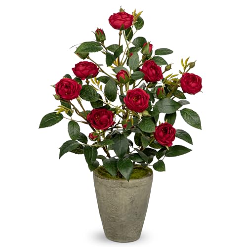 Hollyone Artificial Flower Plants Camellia Red Roses Faux Potted Plant with Cement Pot Fake Silk Flower Rose Camellias Flower Arrangement Office Home Decor Bathroom Shelf Desk Decoration 15 Inch - color: Red