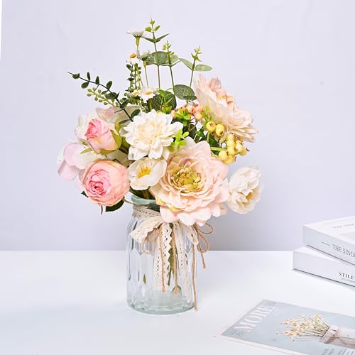 LUEUR Artificial Hydrangea in Vase for Mothers Gifts, Fake Silk Pink Flower Bouquet Artificial Flowers with Pot, Faux Dahlia Arrangement for Spring Living Room, Centerpiece Table Decorations - color: Pink