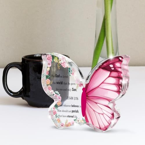 Bible Verse Proverbs 3:16 Sign - Christian Gifts for Women - Butterfly Acrylic Sign Prayer Room Decor - Desk Decor for Home Office Table Shelf Decorations - color: Pink