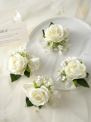 6Pcs Ivory White Faux Rose Wrist Corsages for Wedding, Dance Party | Mother of Bride & Groom, Bride Bridesmaids Pearl Wrist flowers for Wedding Prom Homecoming Party - color: White Wrist Corsage 6pcs
