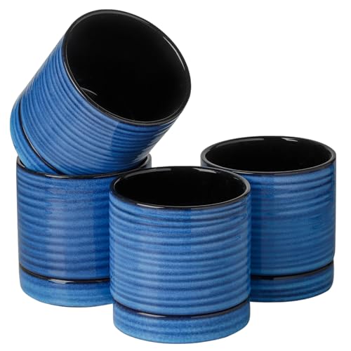 HASENSE Ceramic Plant Pots with Saucers Set of 4, 4.6 Inch Planters for Indoor Plants with Drainage Holes,Blue Flower Pots for Snake Plants & Cactus, Modern Farmhouse Windowsill & Tabletop Decor - color: Blue