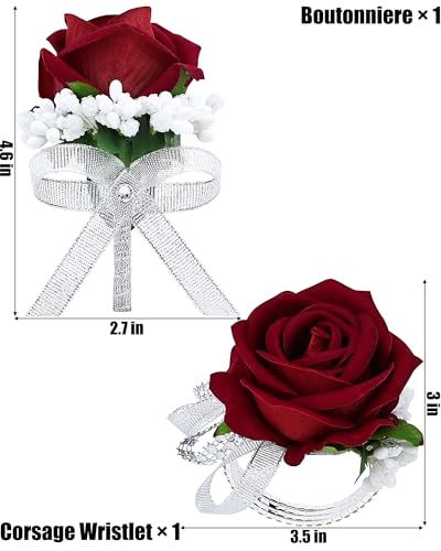 2Pcs Red Rose Corsage and Men Boutonniere Set Women Wristlet Band Wrist Bracelets, for Prom Wedding Ceremony Flowers Decorations and Homecoming Party Accessories - color: Red, size: 1 Boutonniere & 1 Wrist Corsage