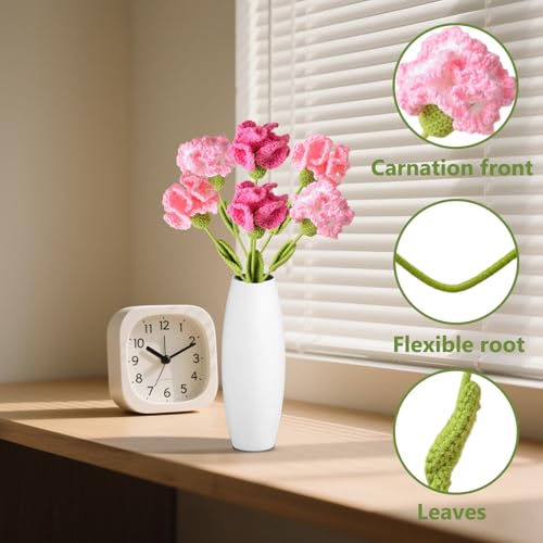 6PCS Handmade Crochet Carnation Flowers, Artificial Fabric Bouquet for Home Wedding Desk Decor, Bendable Stems Gift for Mom, Teacher - Unique Valentine‘s Day Gift - color: Pink