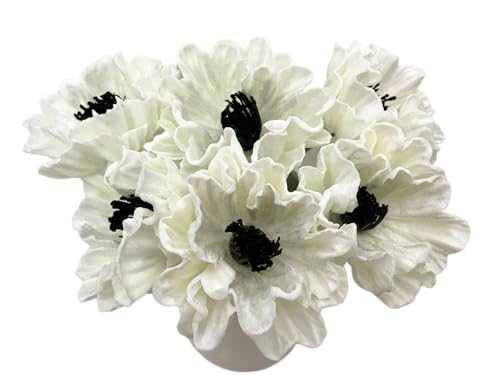 Artificial Poppy Flowers Bouquet High Quaulity Fresh Luxury Vintage PU Faux Silk Flowers - Large Real Touch Blooms for Wedding Birthday Home Decor Table Centerpiece Vase (6, White) - color: White